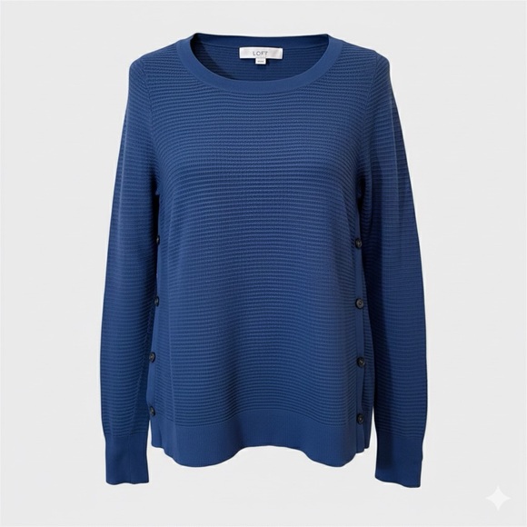 LOFT Sweaters - LOFT Sweater Open Knit Pointelle Women Small Blue Side Button Long Sleeve Cozy